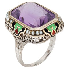 Vintage Art Deco Anello Ametista Smalto Cocktail Oro 14k Filigrana Gioielli Sz 7