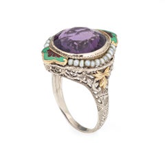 Vintage Art Deco Amethyst Ring Enamel Cocktail 14k Gold Filigree Jewelry Sz 8