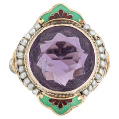 Vintage Art Deco Amethyst Ring Enamel Cocktail 14k Gold Filigree Jewelry Sz 8