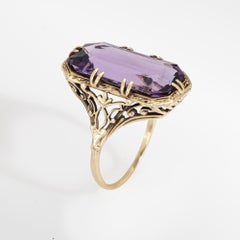 Vintage Art Deco Amethyst Ring Filigree Cocktail 14k Gold Filigree Jewelry 6.75