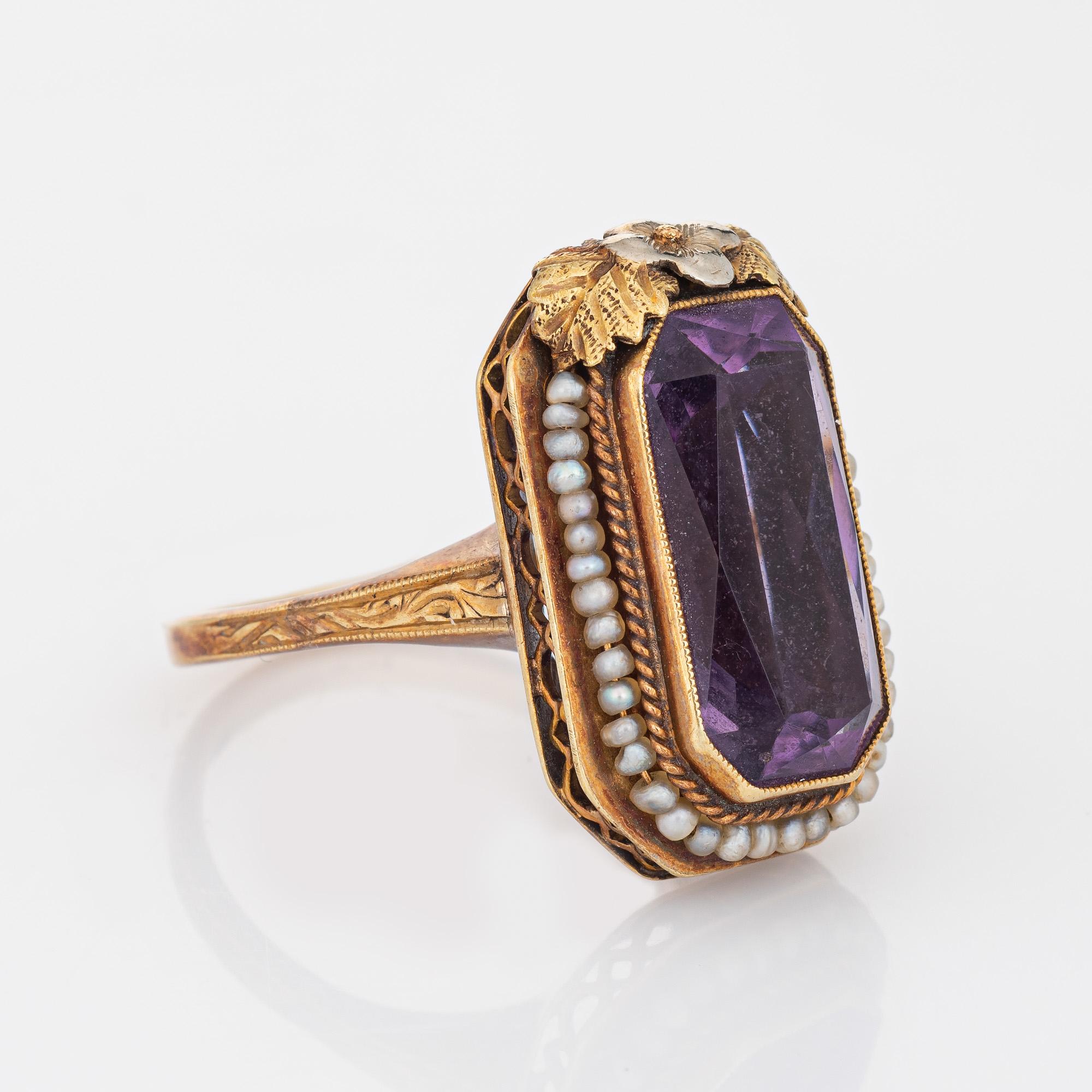 Square Cut Vintage Art Deco Amethyst Ring Seed Pearls 14k Yellow Gold Long Square