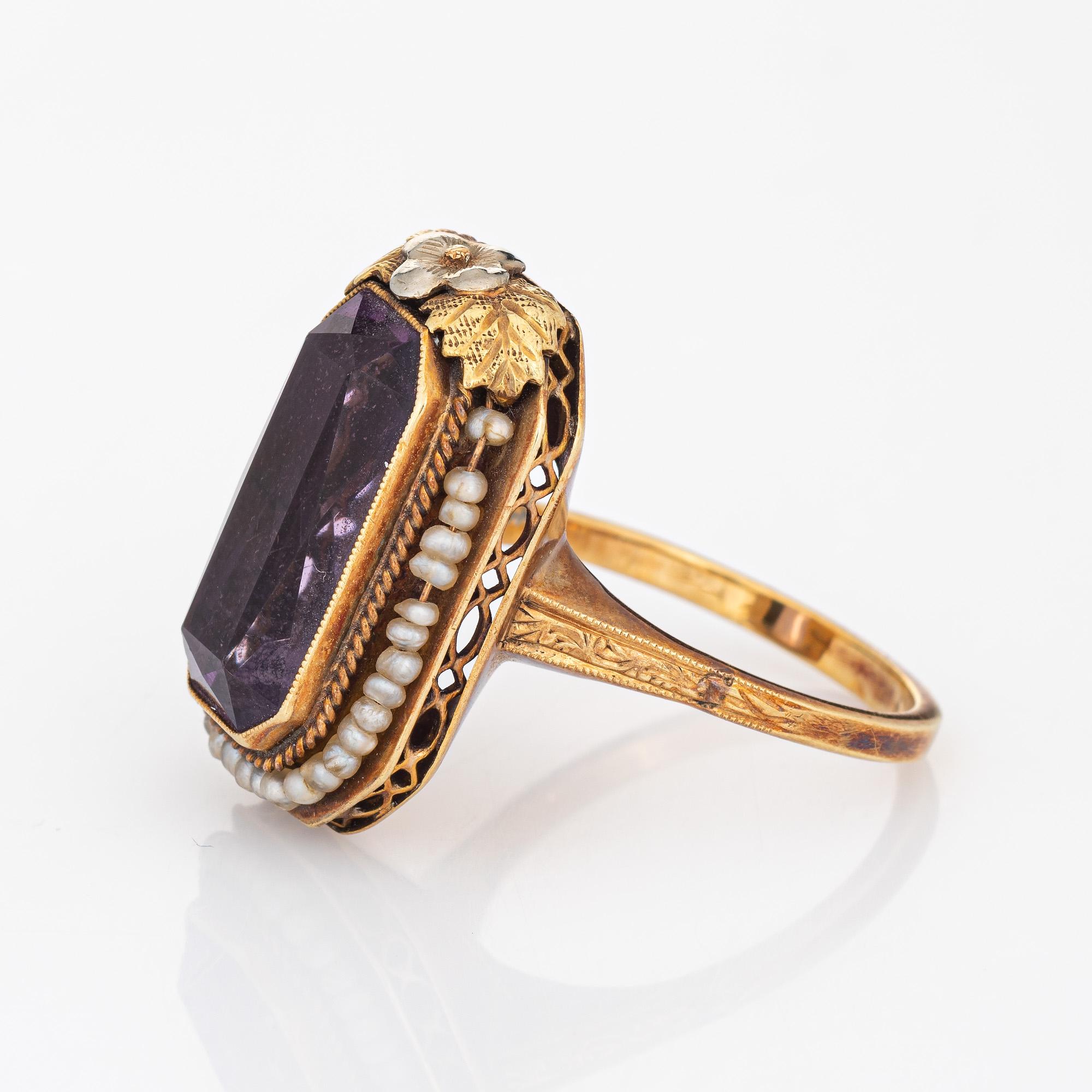 Vintage Art Deco Amethyst Ring Seed Pearls 14k Yellow Gold Long Square In Good Condition In Torrance, CA