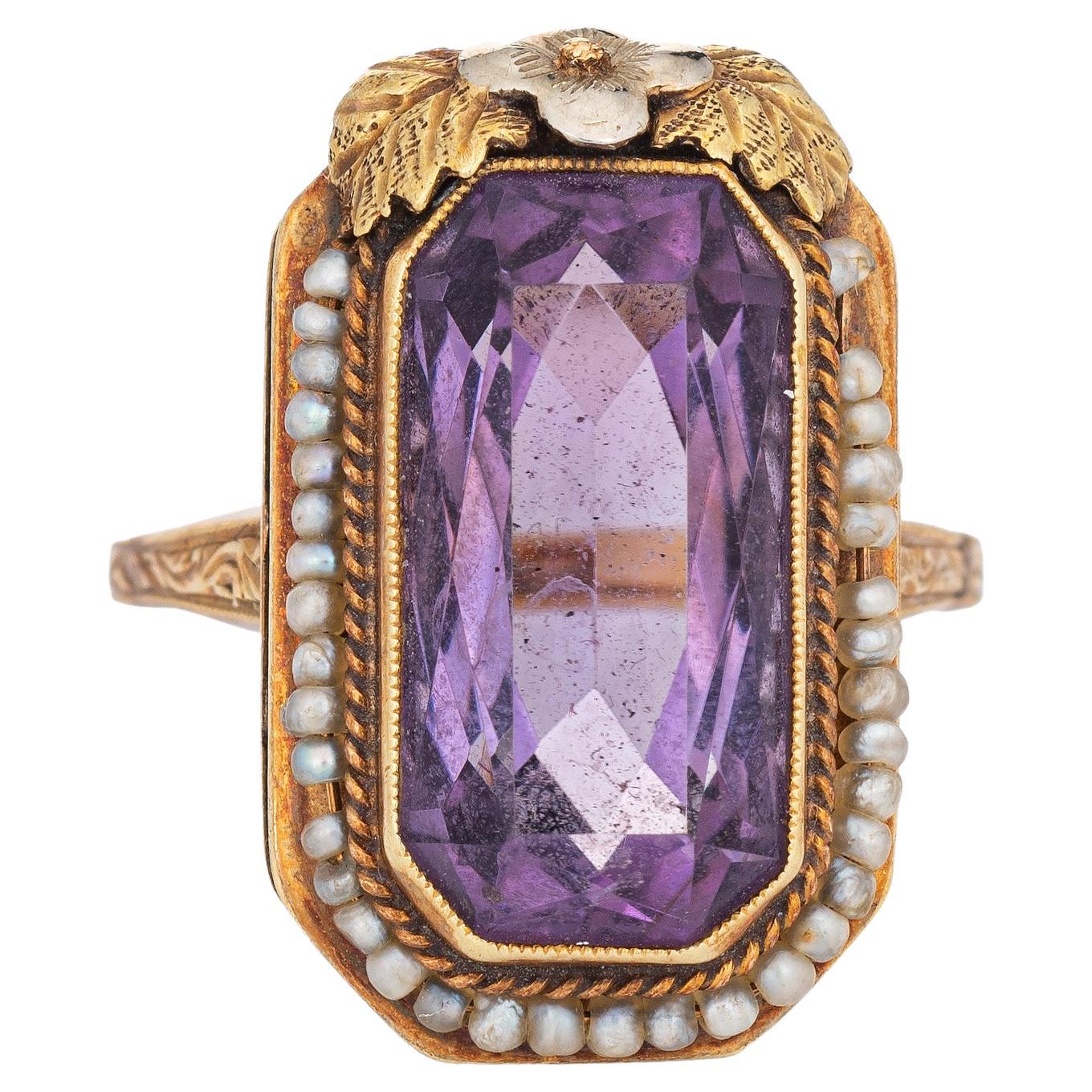 Vintage Art Deco Amethyst Ring Seed Pearls 14k Yellow Gold Long Square