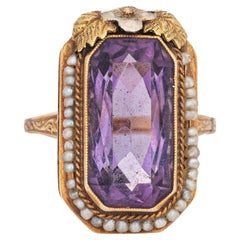 Antique Art Deco Amethyst Ring Seed Pearls 14k Yellow Gold Long Square