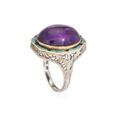 Vintage Art Deco Amethyst Ring Turquoise Enamel Cocktail 14k Gold Filigree 5.75
