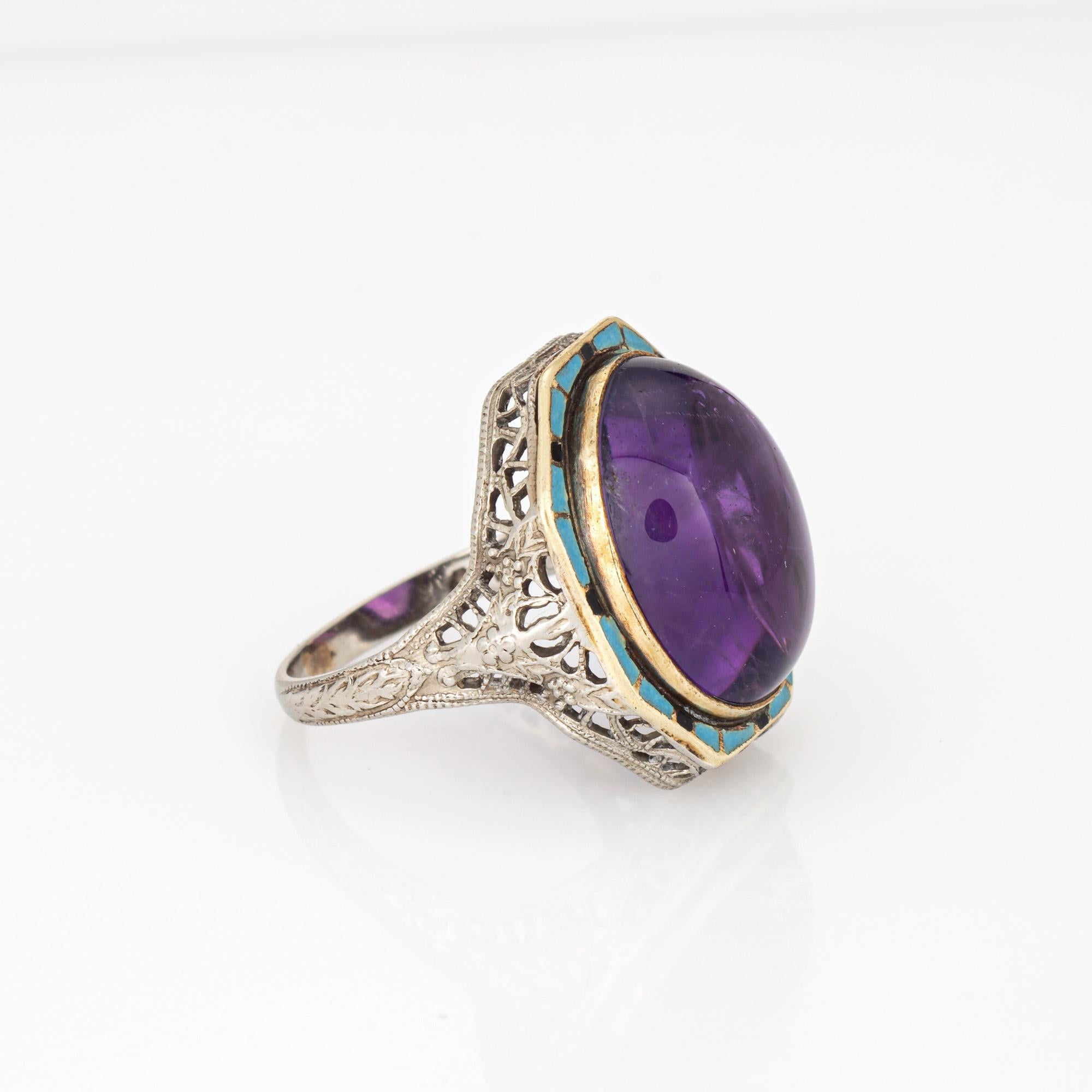 Cabochon Vintage Art Deco Amethyst Ring Turquoise Enamel Cocktail 14k Gold Filigree 5.75 For Sale