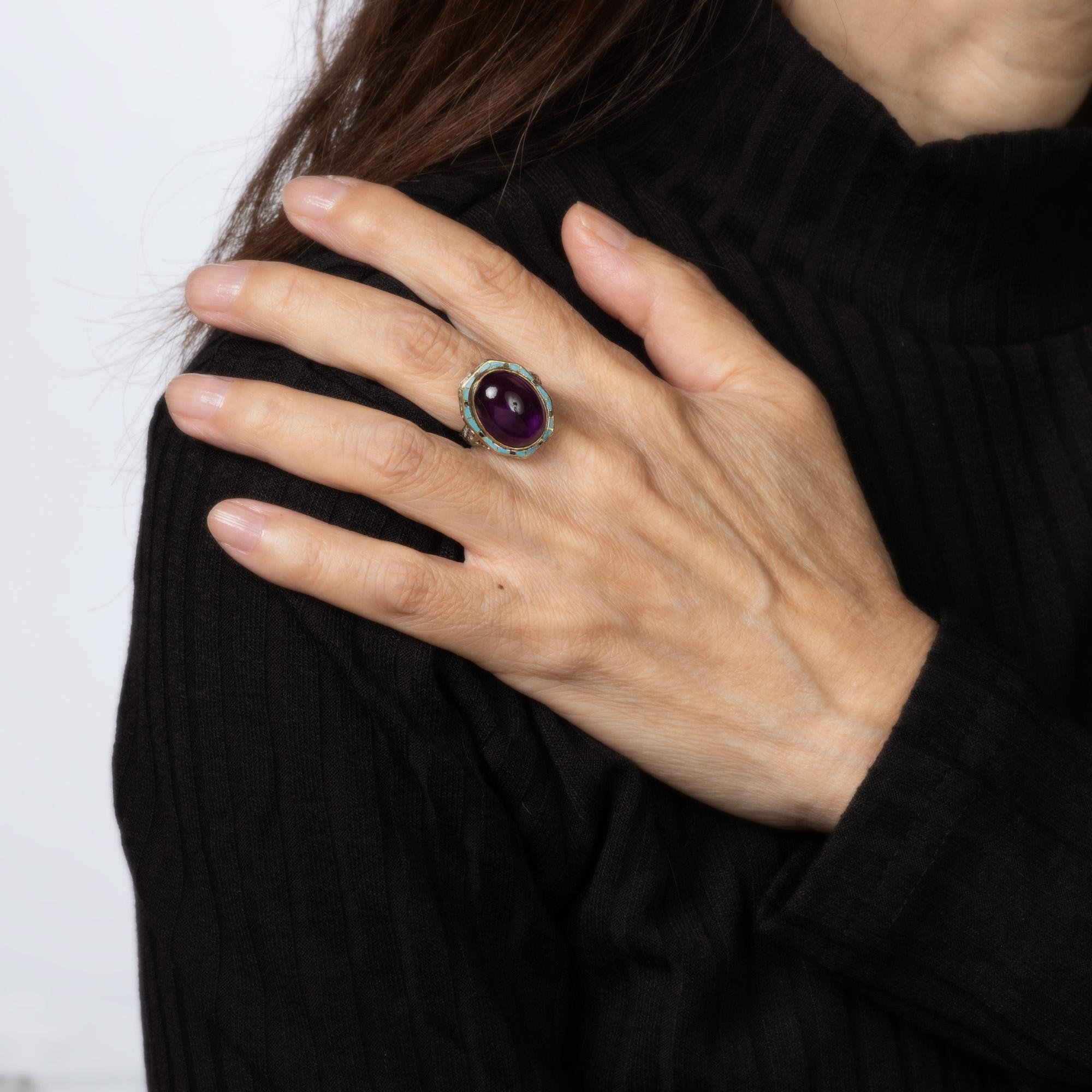 Vintage Art Deco Amethyst Ring Turquoise Enamel Cocktail 14k Gold Filigree 5.75 For Sale 1