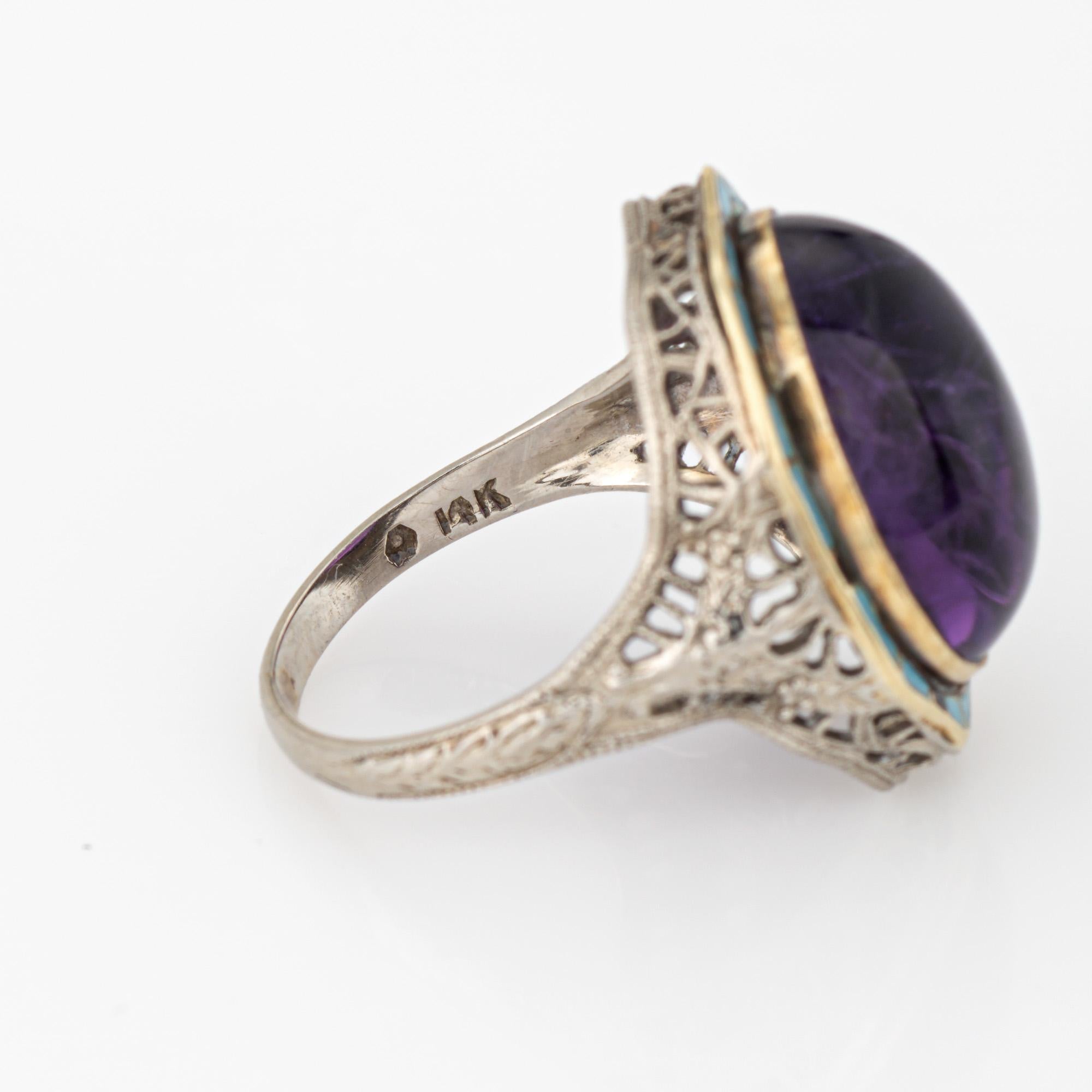 Vintage Art Deco Amethyst Ring Turquoise Enamel Cocktail 14k Gold Filigree 5.75 For Sale 2