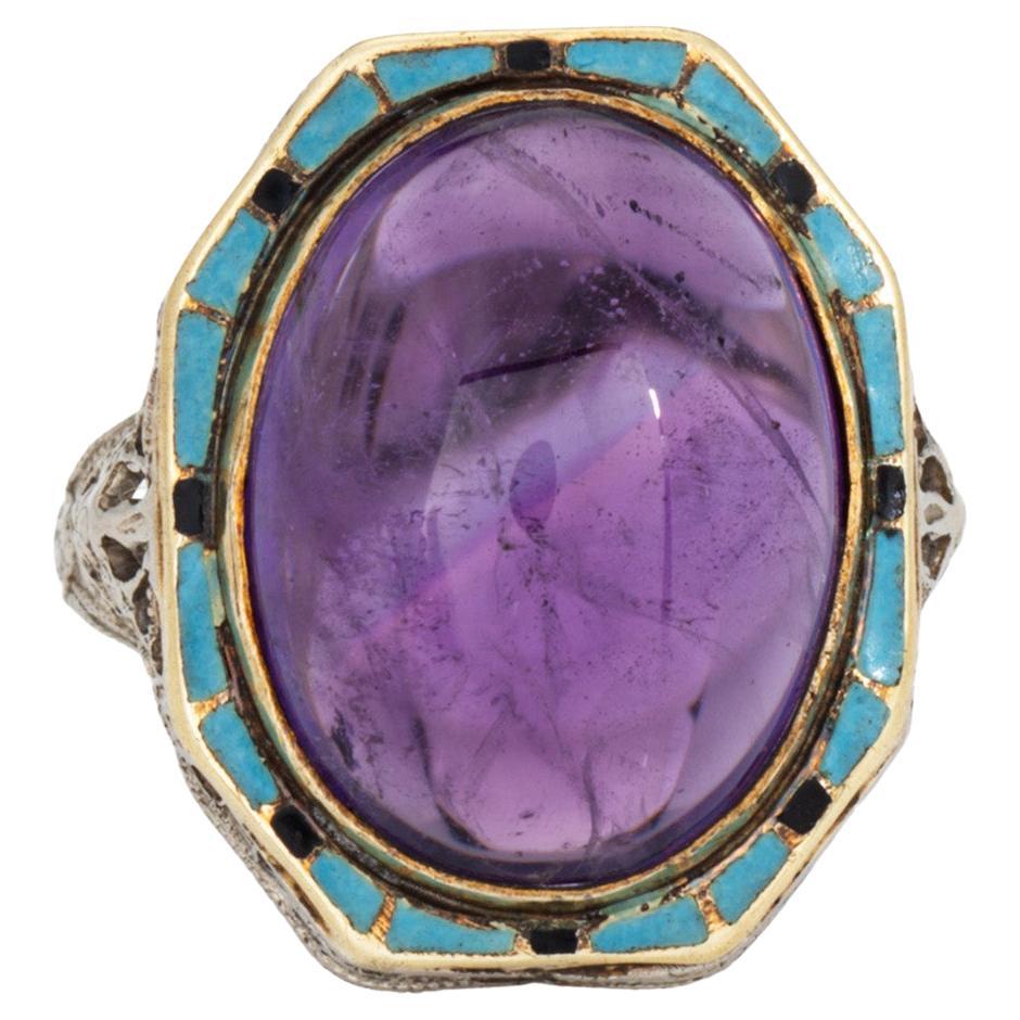 Anello vintage Art of Vintage con ametista, smalto turchese, cocktail, filigrana d
oro 14k 5,75