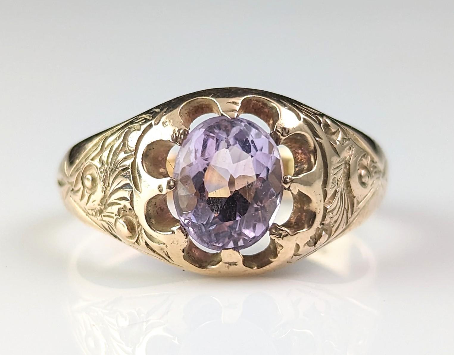 Vintage Art Deco amethyst signet ring, 9k gold, solitaire  3