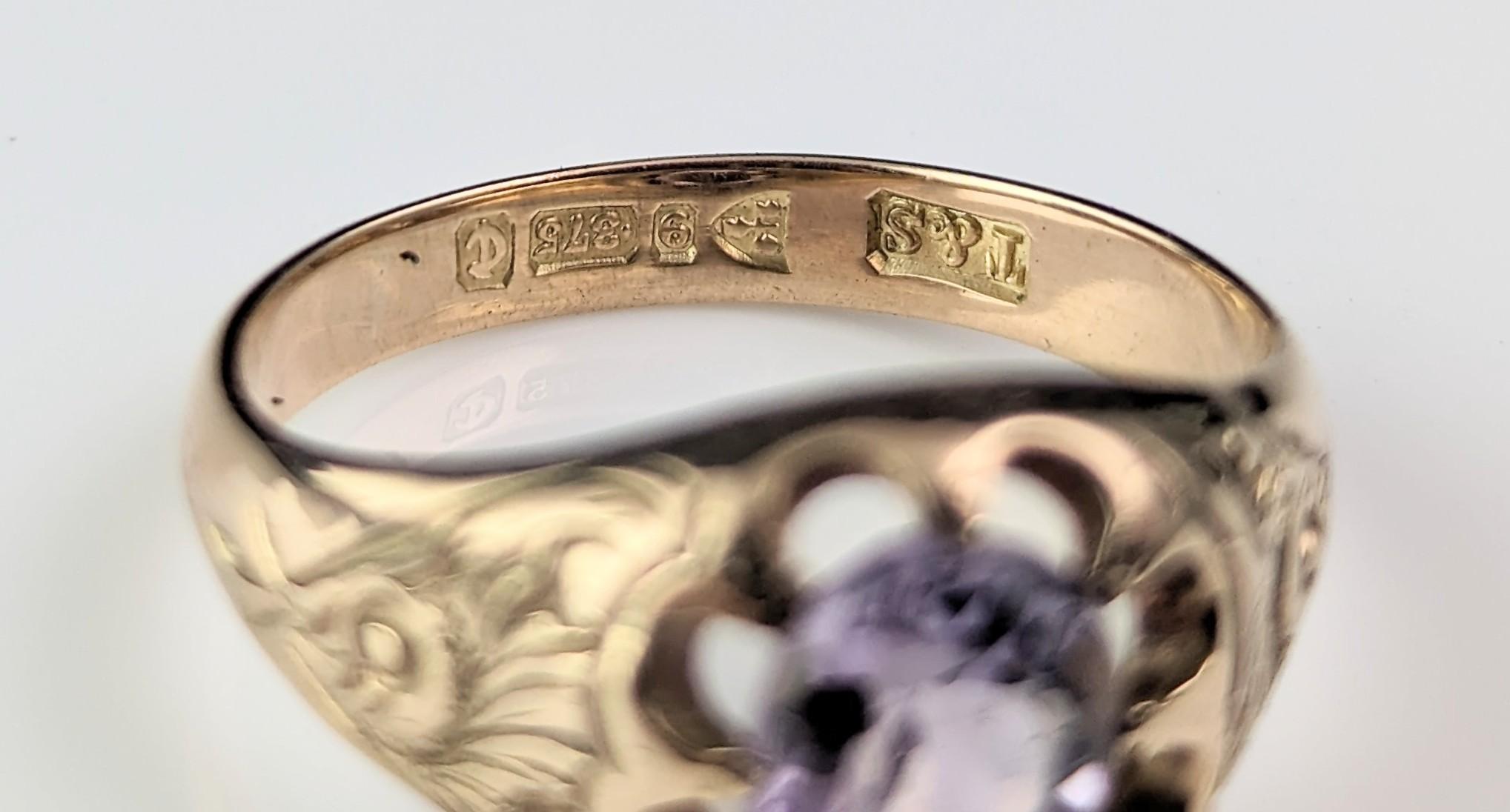 Vintage Art Deco amethyst signet ring, 9k gold, solitaire  4