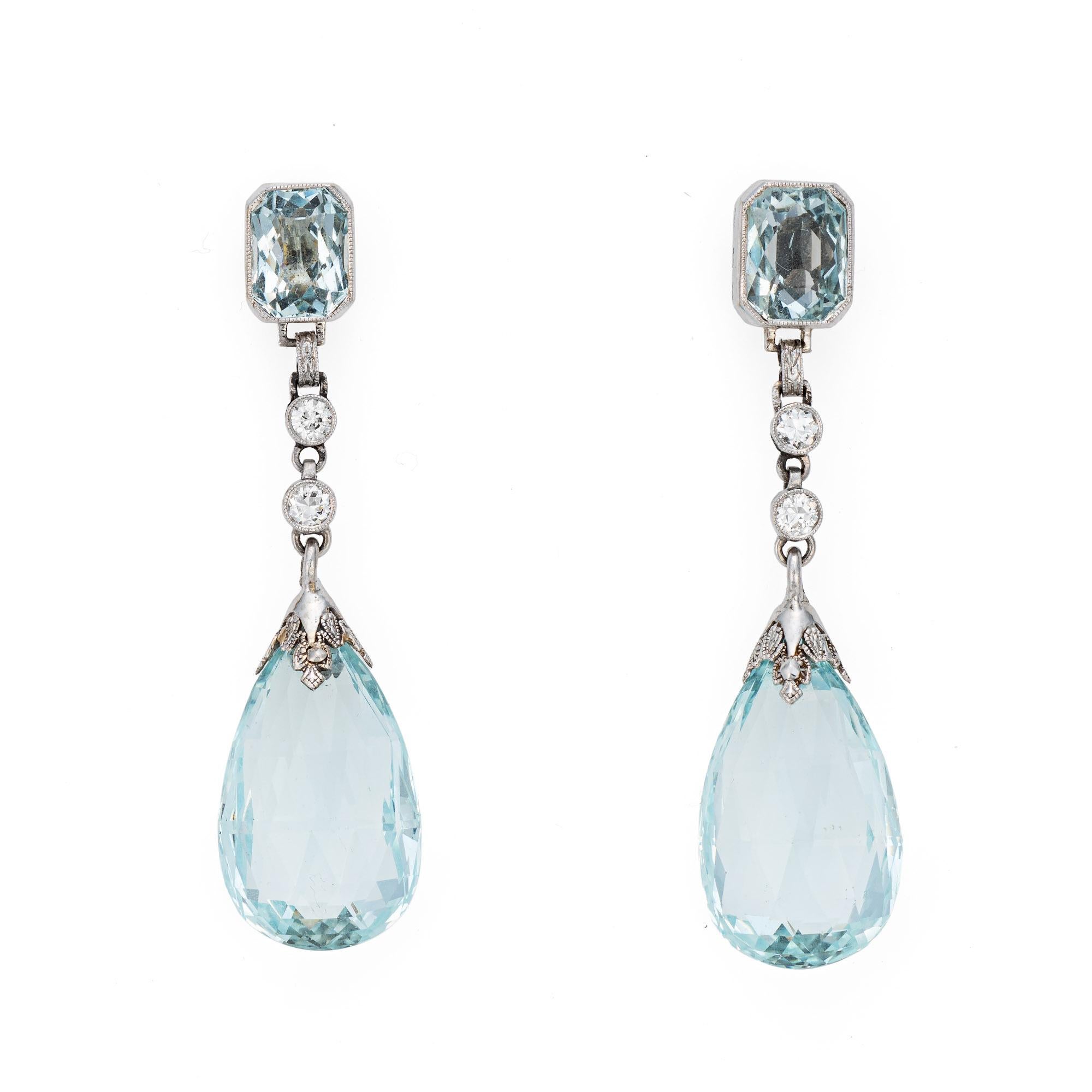 Vintage Art Deco Aquamarine Diamond Earrings Platinum 1.75