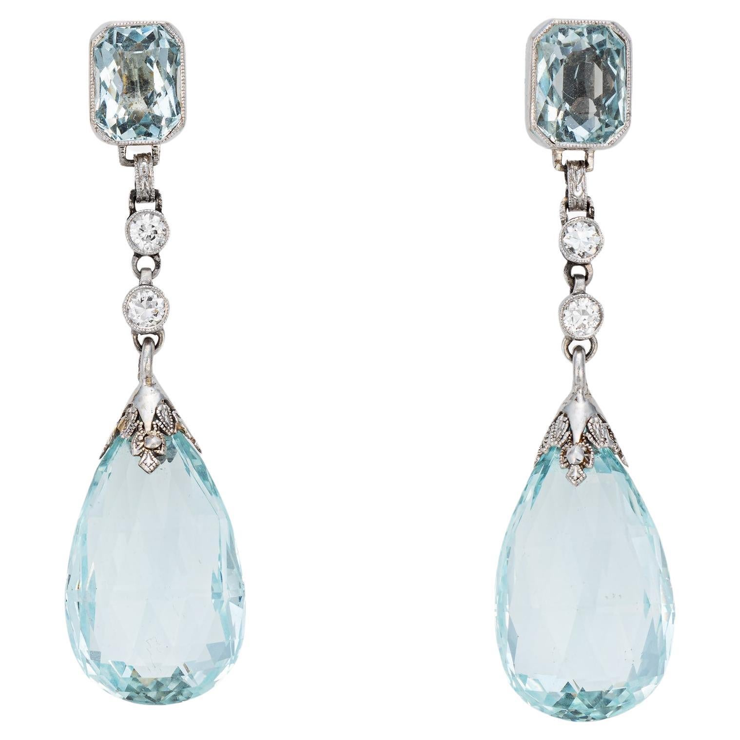Vintage Art Deco Aquamarine Diamond Earrings Platinum 1.75" Drops Bridal 