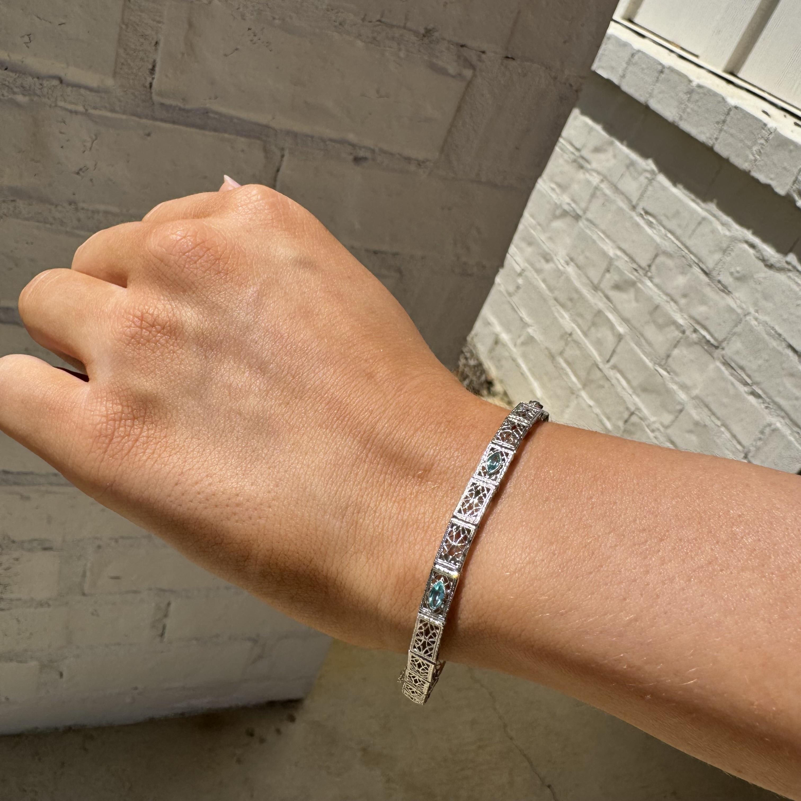 Marquise Cut Vintage Art Deco Aquamarine Filigree Bracelet 10K White Gold For Sale