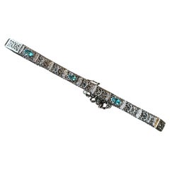 Vintage Art Deco Aquamarine Filigree Bracelet 10K White Gold