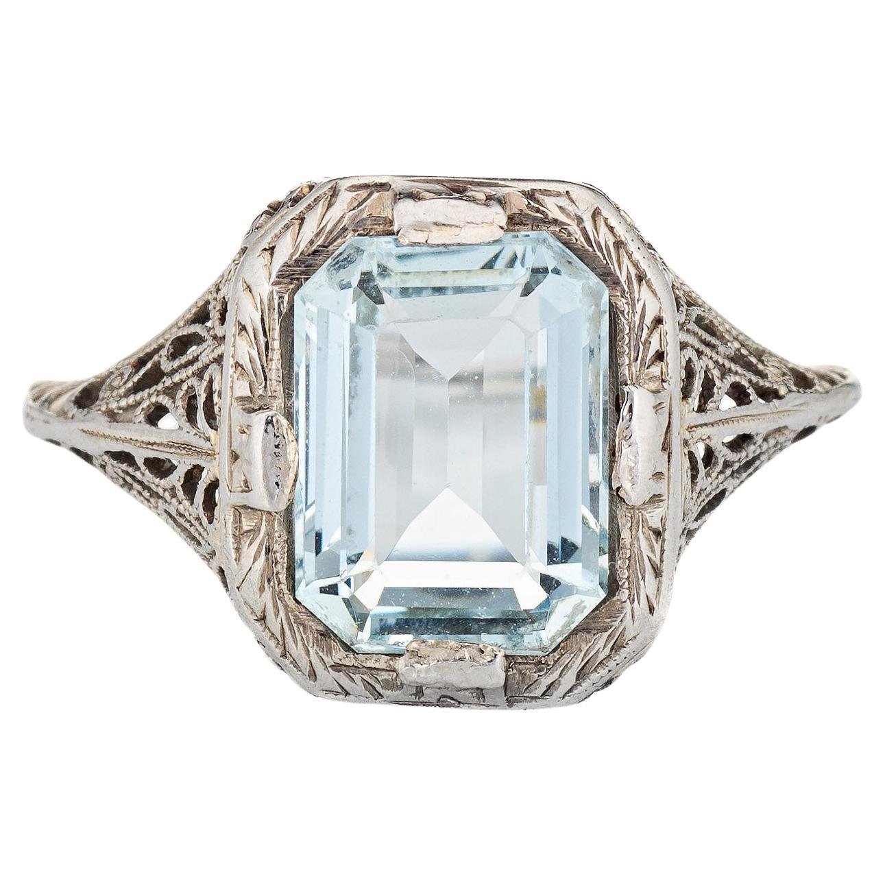 Vintage Art Deco Aquamarine Ring 18k White Gold Filigree Estate Jewelry 5.25