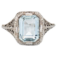 Antique Art Deco Aquamarine Ring 18k White Gold Filigree Estate Jewelry 5.25