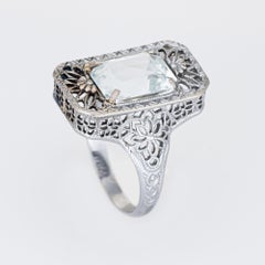 Vintage Art Deco Aquamarine Ring Filigree 14k White Gold Fine Jewelry