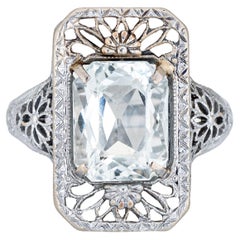 Vintage Art Deco Aquamarine Ring Filigree 14k White Gold Fine Jewelry