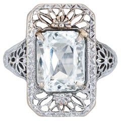 Antique Art Deco Aquamarine Ring Filigree 14k White Gold Fine Jewelry