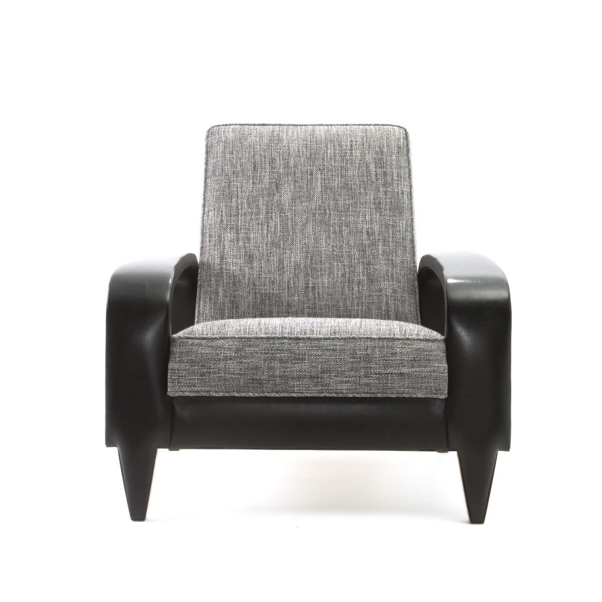 A period Art Deco club chair having a leather-wrapped arms, a dark wood base and newer gray pearl tweed upholstery, USA, circa 1930.

Features tapered legs with brushed-brass details.

Dimensions:
Length 30 inches
Depth 32 inches
Height