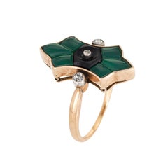 Vintage Art Deco Austrian Ring Chrysoprase Onyx Diamond Sz 7.75 14k Yellow Gold