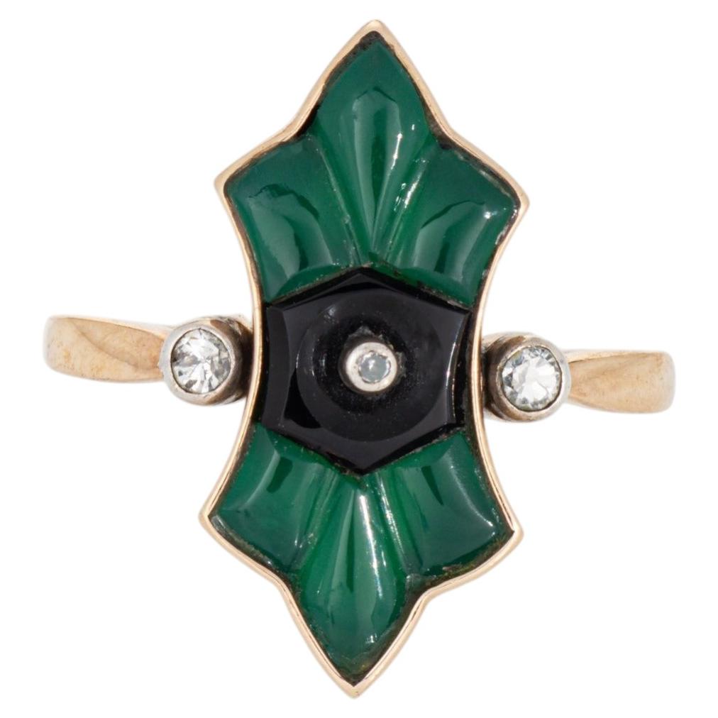 Vintage Art Deco Austrian Ring Chrysoprase Onyx Diamond Sz 7.75 14k Yellow Gold