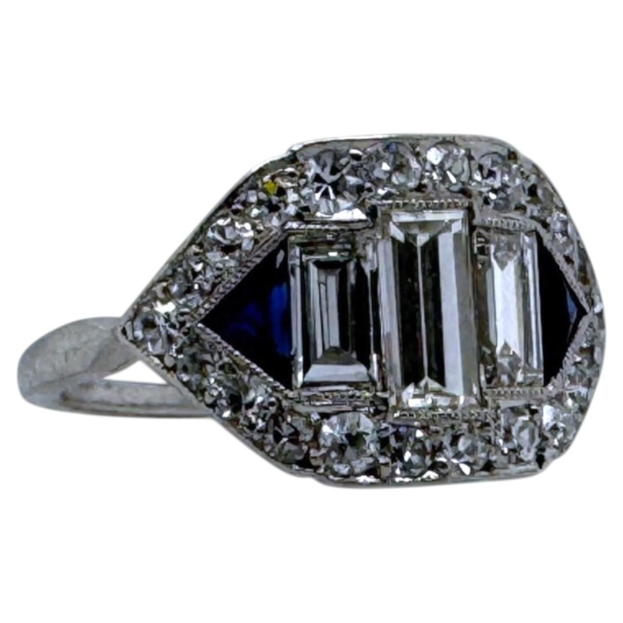 Vintage Art Deco Baguette Diamond Platinum Cocktail Ring