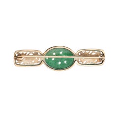 Vintage Art Deco Bar Brooch Carved Jade Enamel Bird 14k Yellow Gold Jewelry
