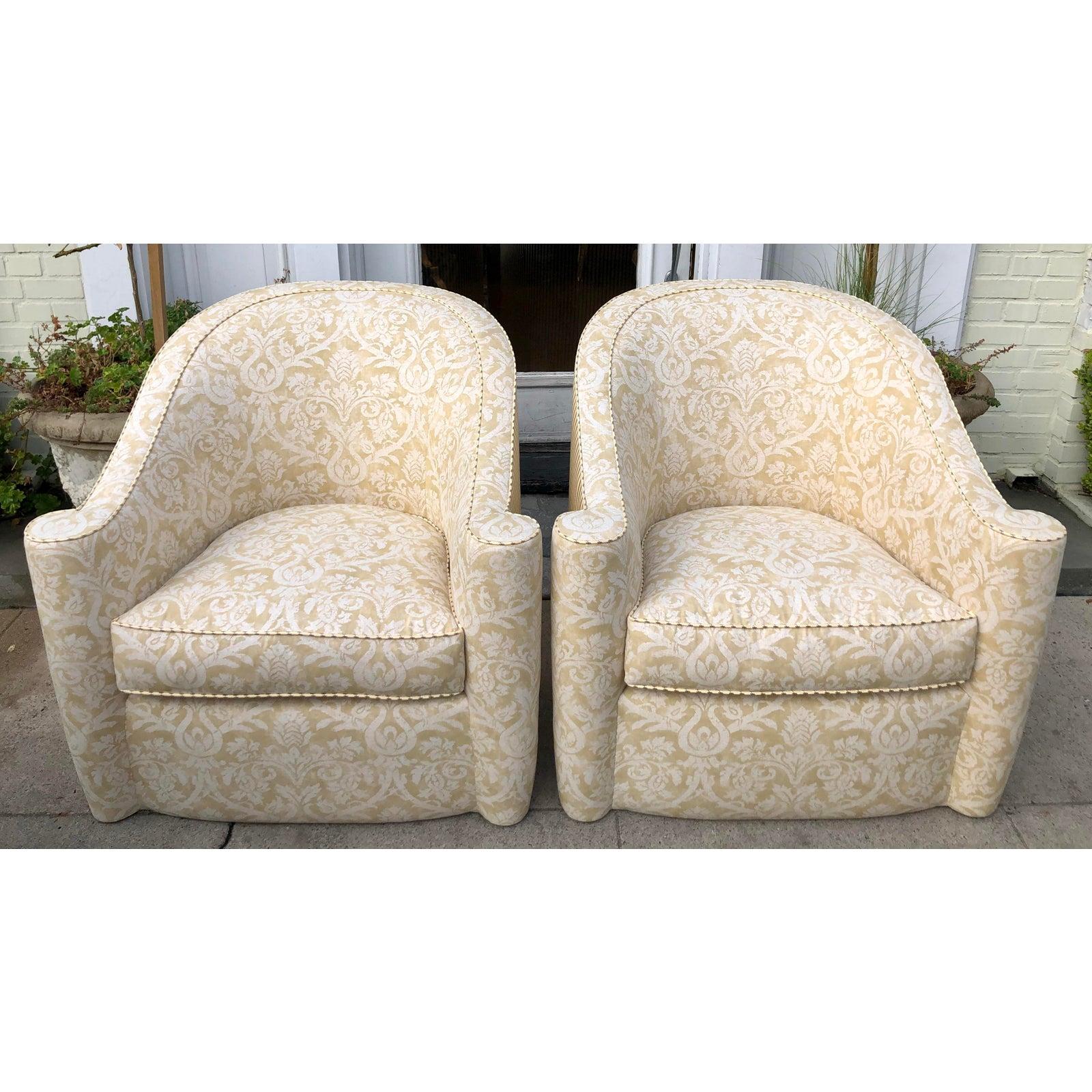 Vintage Art Deco Barrel Club Chairs W Fortuny & J. Robert Scott Fabric, a Pair In Good Condition In LOS ANGELES, CA