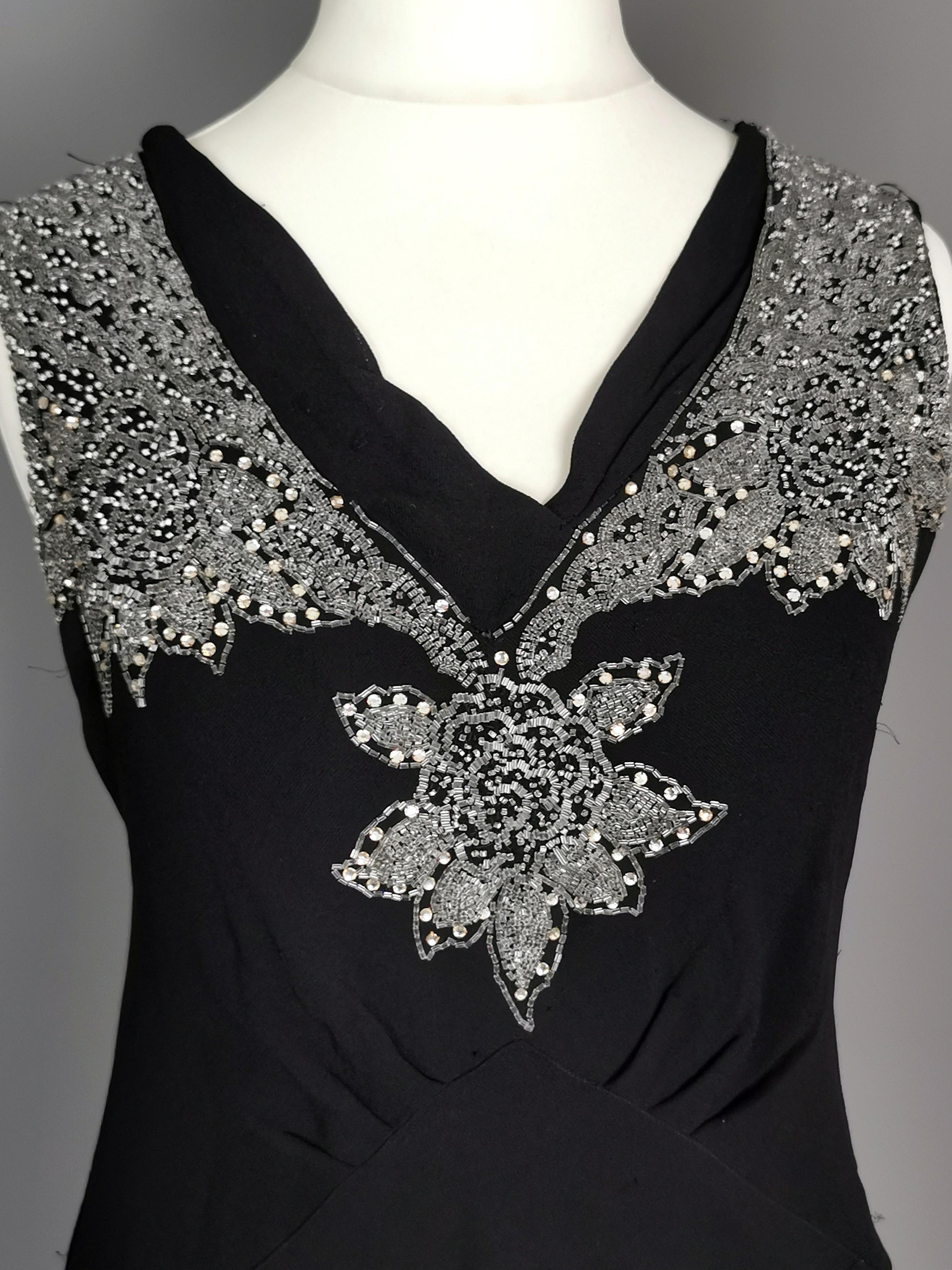 Vintage Art Deco beadwork bombshell dress, Black rayon  4