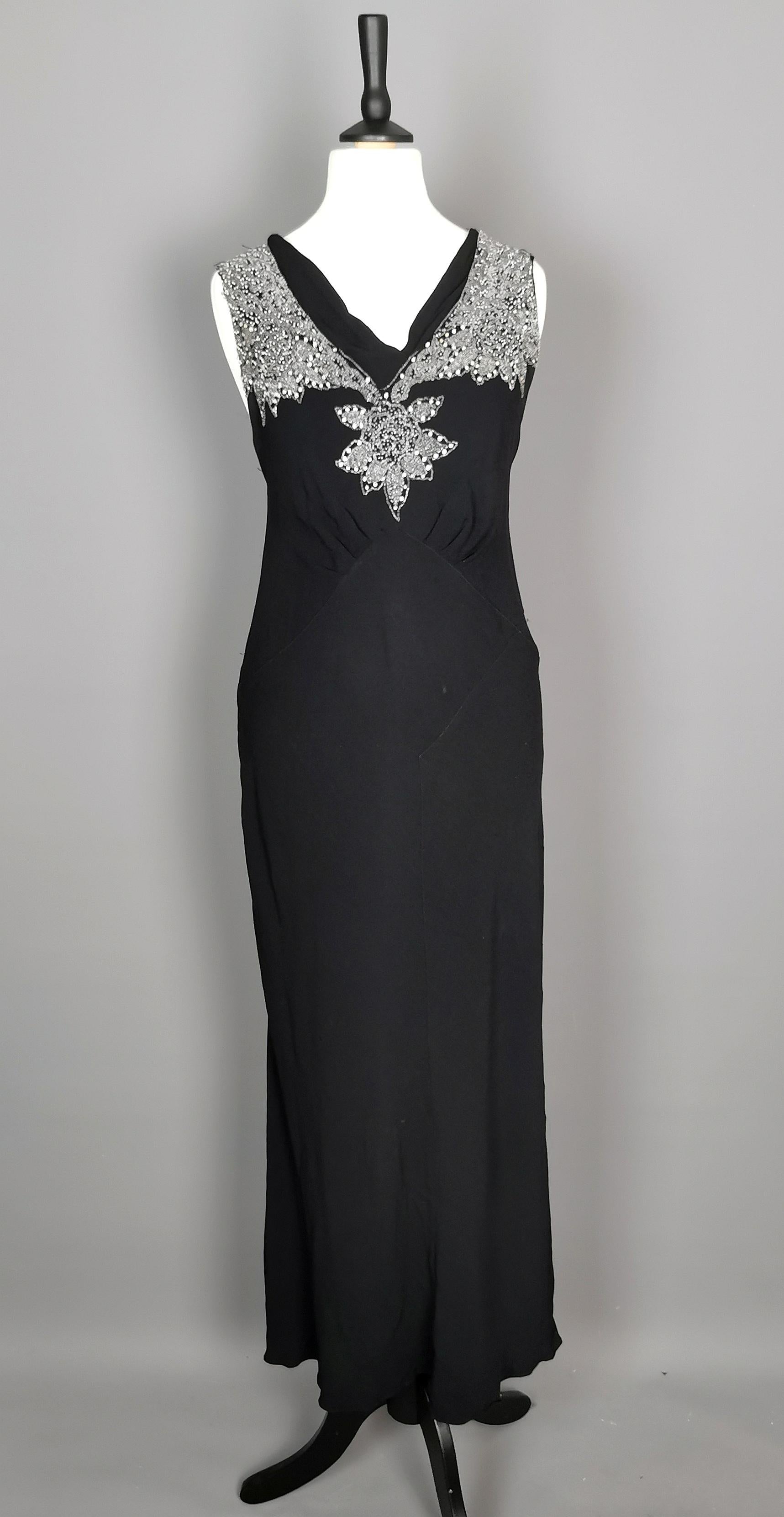 Vintage Art Deco beadwork bombshell dress, Black rayon  5