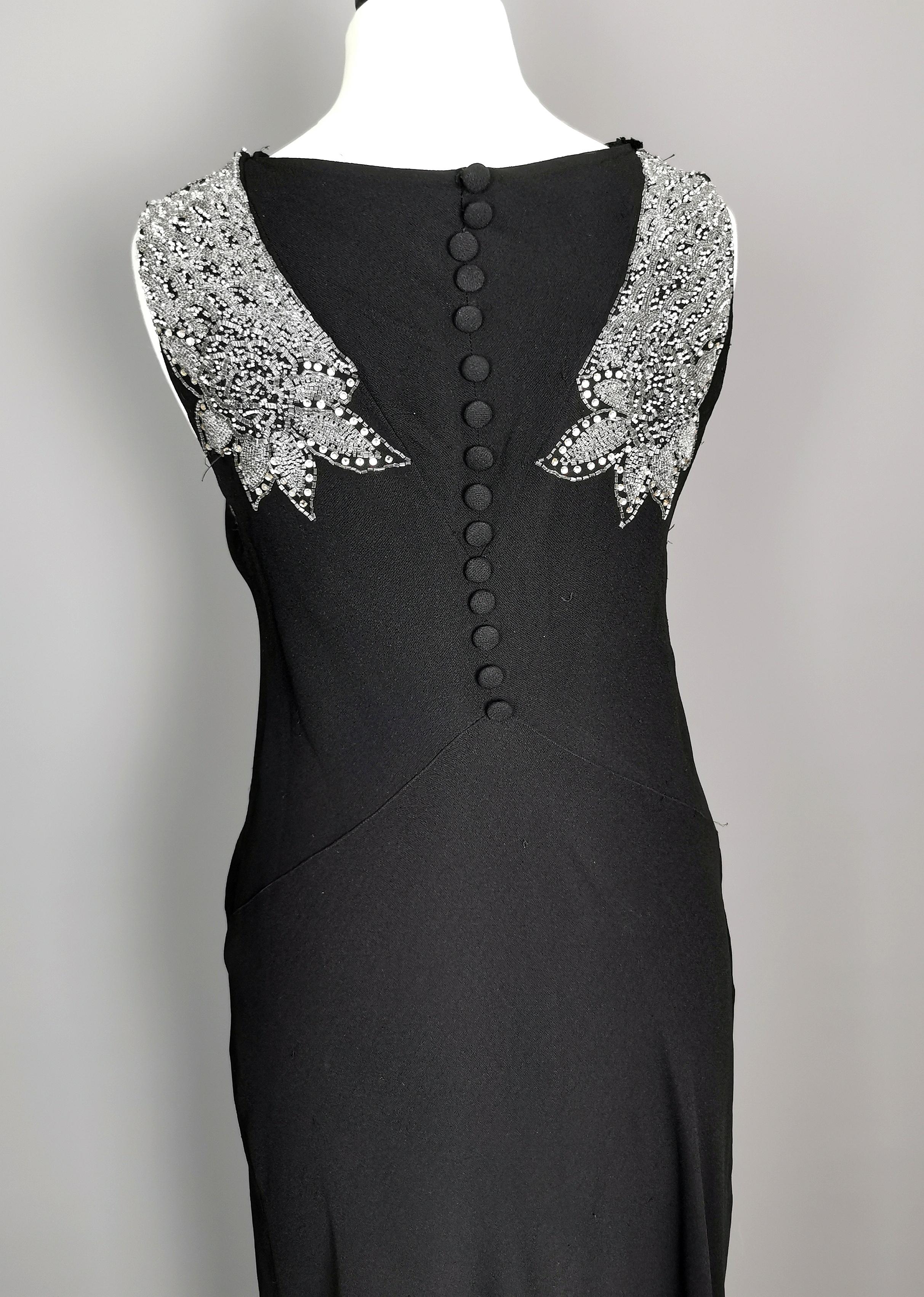 Vintage Art Deco beadwork bombshell dress, Black rayon  In Fair Condition In NEWARK, GB