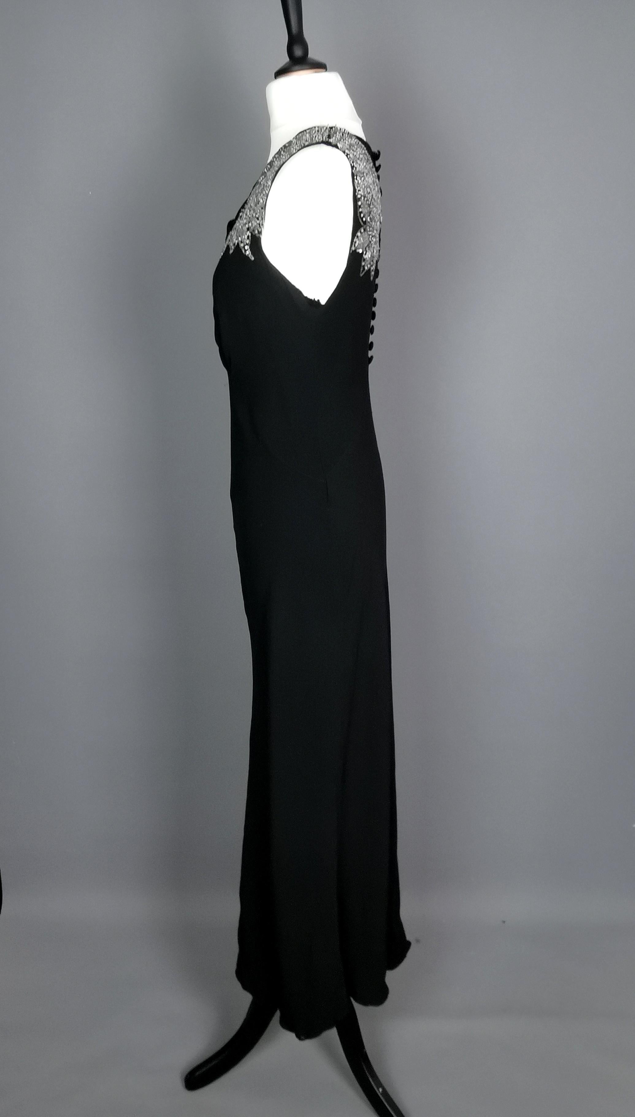 Women's Vintage Art Deco beadwork bombshell dress, Black rayon 