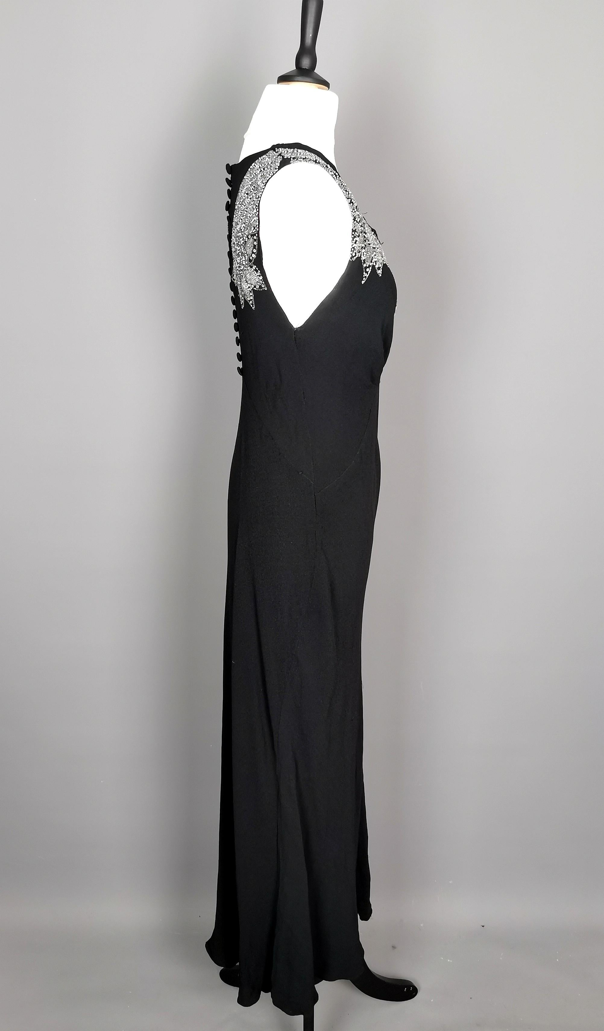 Vintage Art Deco beadwork bombshell dress, Black rayon  1
