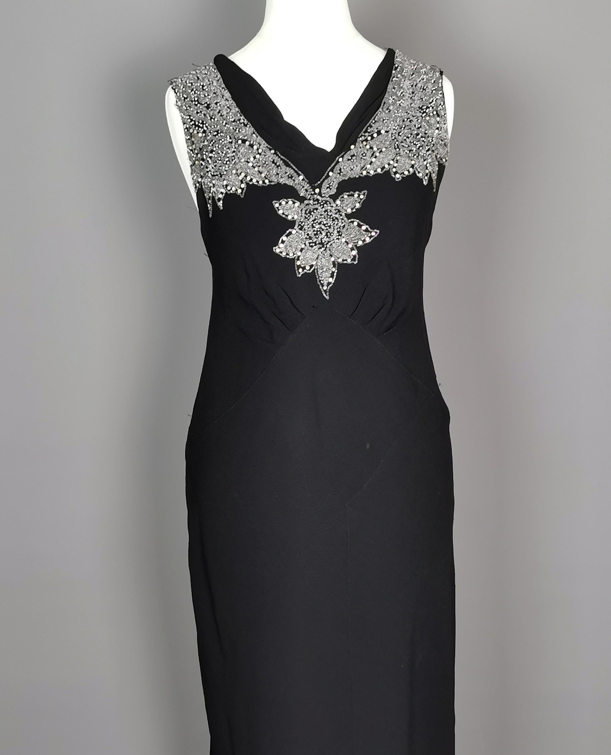 Vintage Art Deco beadwork bombshell dress, Black rayon  2