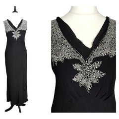 Vintage Art Deco beadwork bombshell dress, Black rayon 