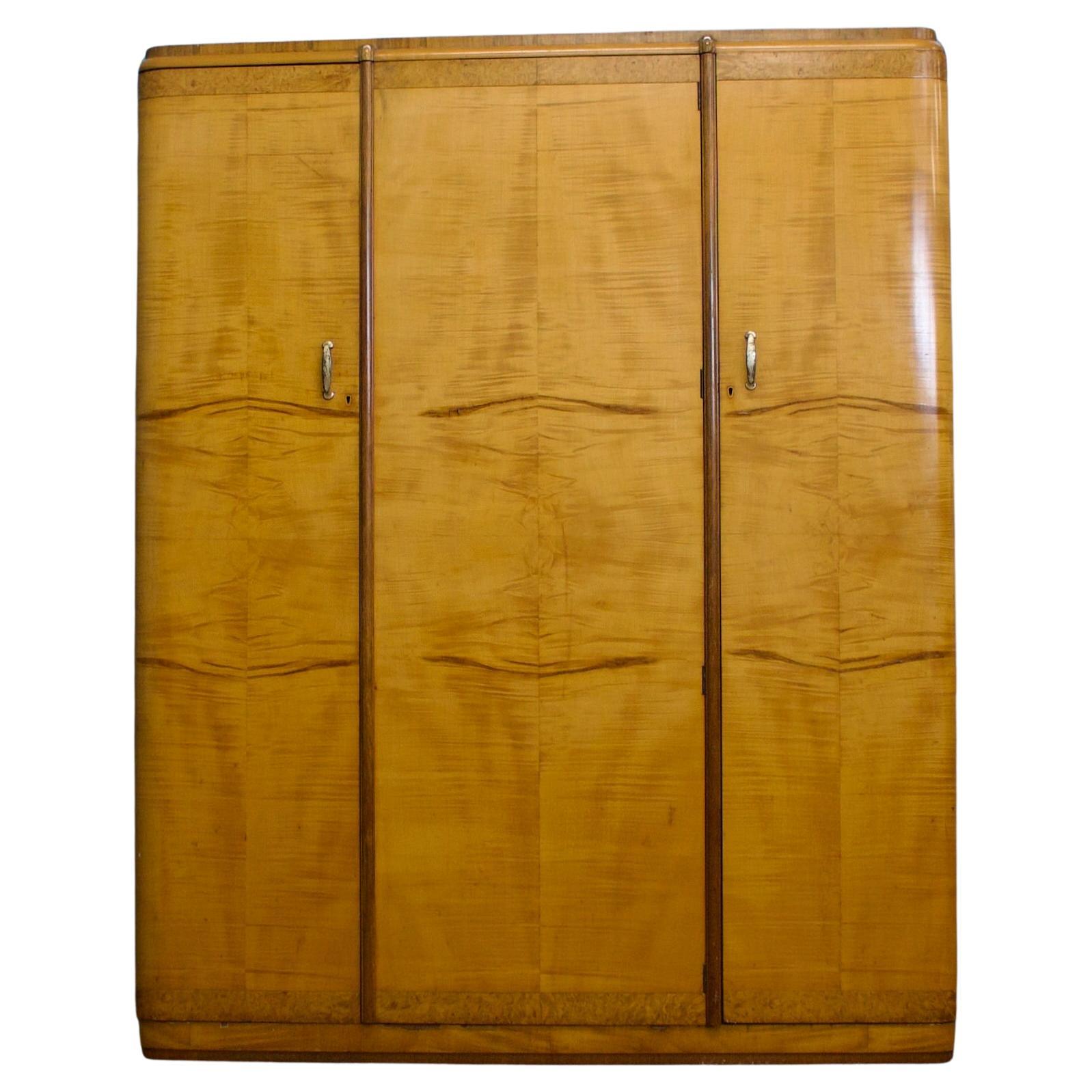 Vintage Art Deco Birch & Walnut Wardrobe, 1930s
