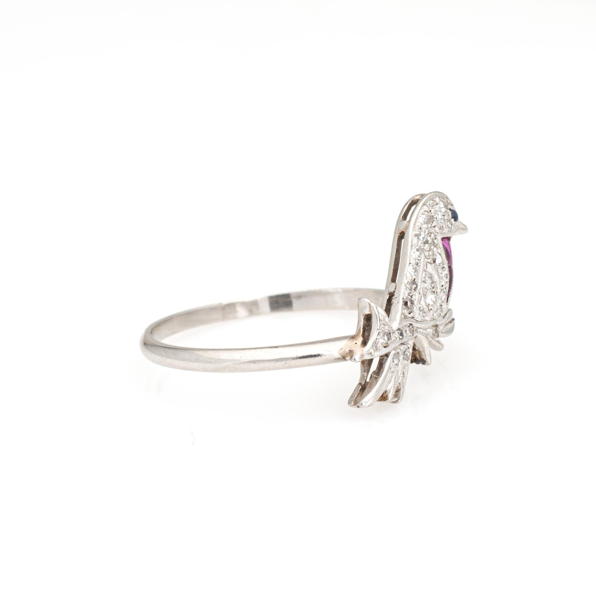 Round Cut Vintage Art Deco Bird Ring Conversion Platinum Sz 8.75 Diamond Sapphire Ruby For Sale