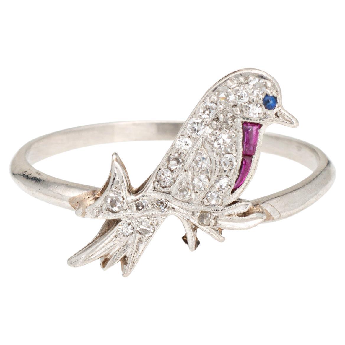 Vintage Art Deco Bird Ring Conversion Platinum Sz 8.75 Diamond Sapphire Ruby