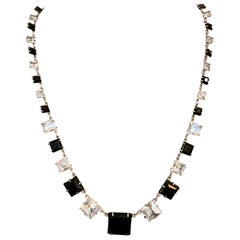 Vintage Art Deco Black and Clear Crystal Square Mounted Silver Station Necklace
