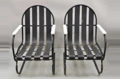 Vintage Art Deco Black and White Steel Metal Strap Patio Bouncer Chairs - a Pair