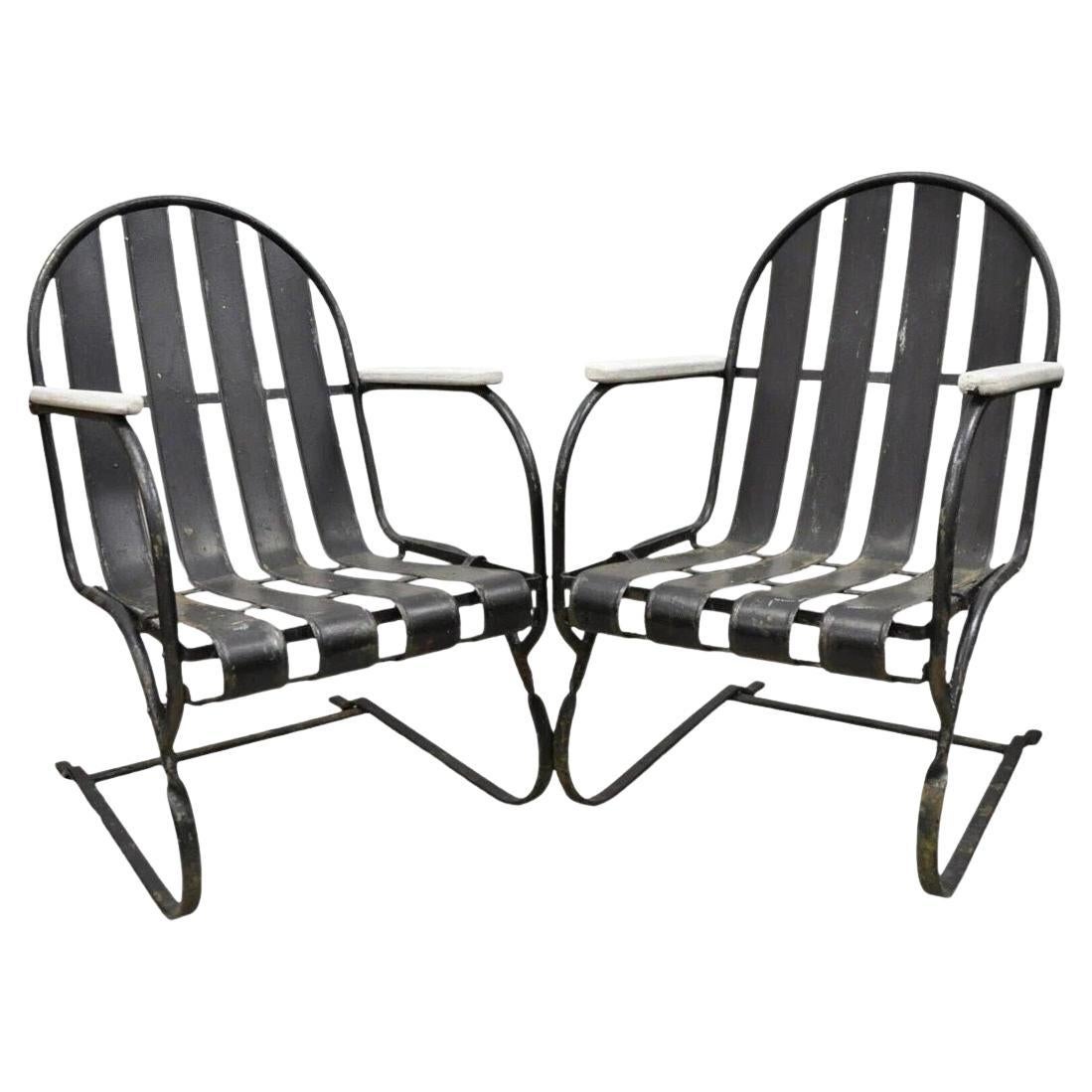 Vintage Art Deco Black and White Steel Metal Strap Patio Bouncer Chairs - a Pair For Sale