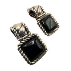 Vintage Art Deco Black Glass and Silver Clip-On Old Fashion Earrings