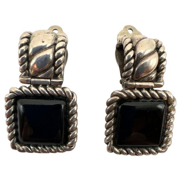 Vintage Art Deco Black Glass and Silver Clip-On Old Fashion Earrings For Sale