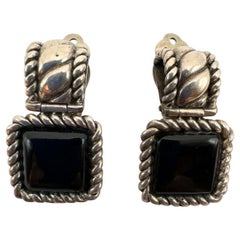 Vintage Art Deco Black Glass and Silver Clip-On Old Fashion Earrings