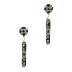 Vintage Art Deco Black Green Enamel Drop Earrings 14k Yellow Gold Estate Jewelry