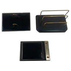 Vintage Art Deco Black Leather Saddle Stitching Desk Set