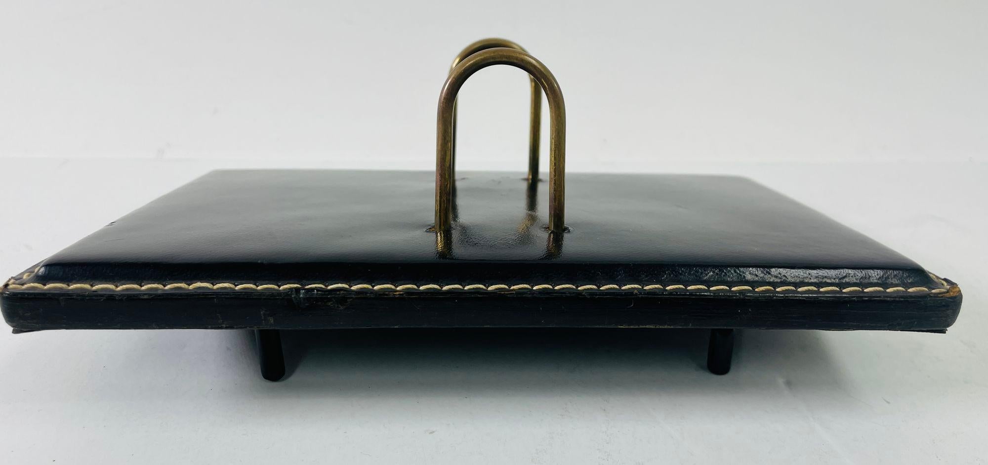 Brass Vintage Art Deco Black Leather Saddle Stitching Desk Set  For Sale