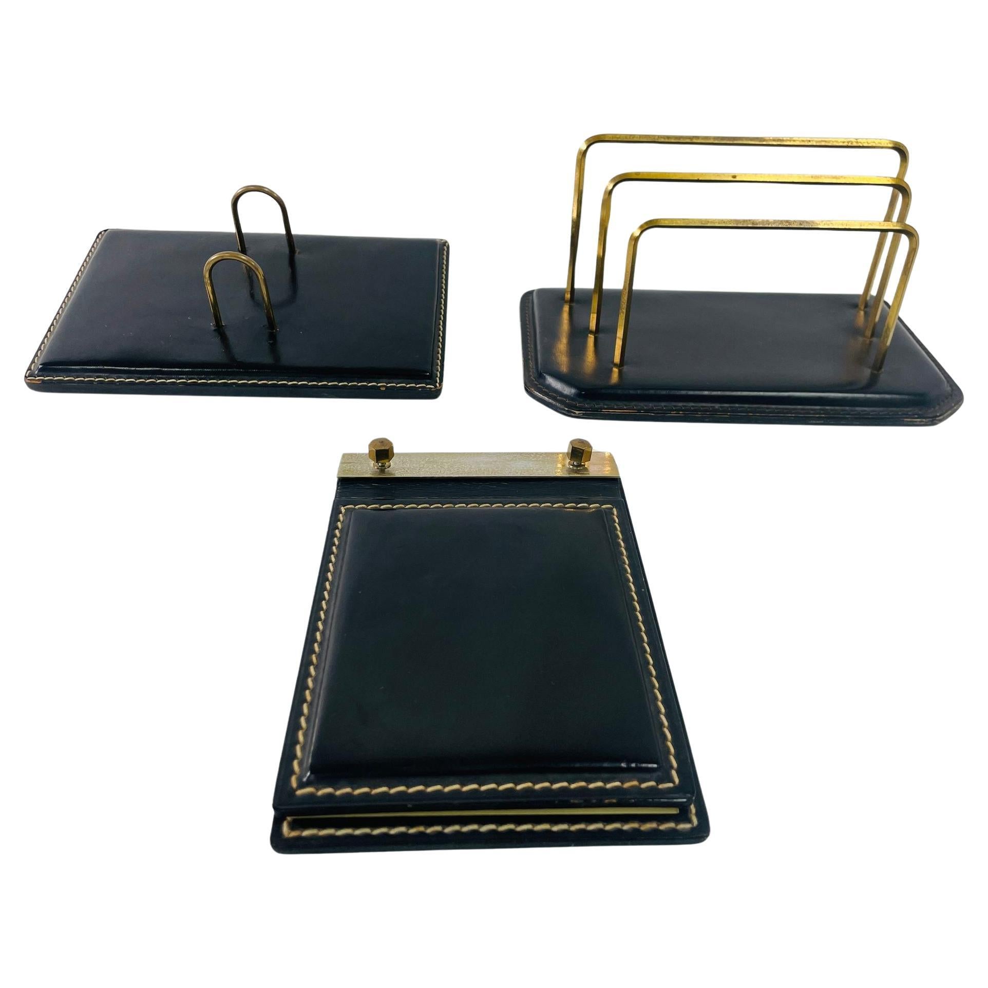 Vintage Art Deco Black Leather Saddle Stitching Desk Set  For Sale